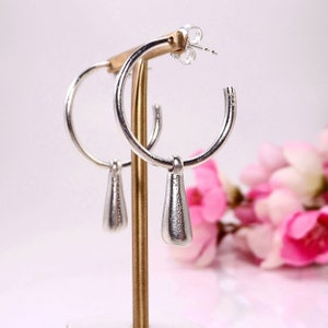 Sterling silver charm drop earrings Charm hoops Minimalist dangle drop hoops Silver charm earrings Dangle hoop earrings Gold vermeil hoops