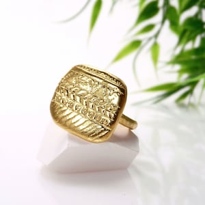 Bague carrée en or, bague tendance bohème, bague ethnique tribale, bague à motif géométrique, bague disque en or de style bohème, bague primitive, vermeil d&#39;or