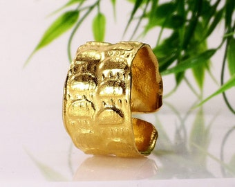 Wide gold band ring for women Gold cigar band ring  Textured cigar band Open adjustable gold band Organic statement ring Gold vermeil ring