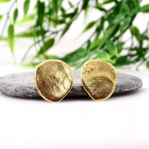 Organic minimalist gold earrings  Oval gold fingerprint studs Irregular gold earrings Asymmetric gold drop studs 22K gold vermeil
