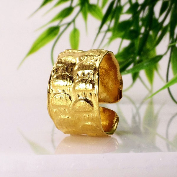 Wide gold band ring for women Gold cigar band ring  Textured cigar band Open adjustable gold band Organic statement ring Gold vermeil ring