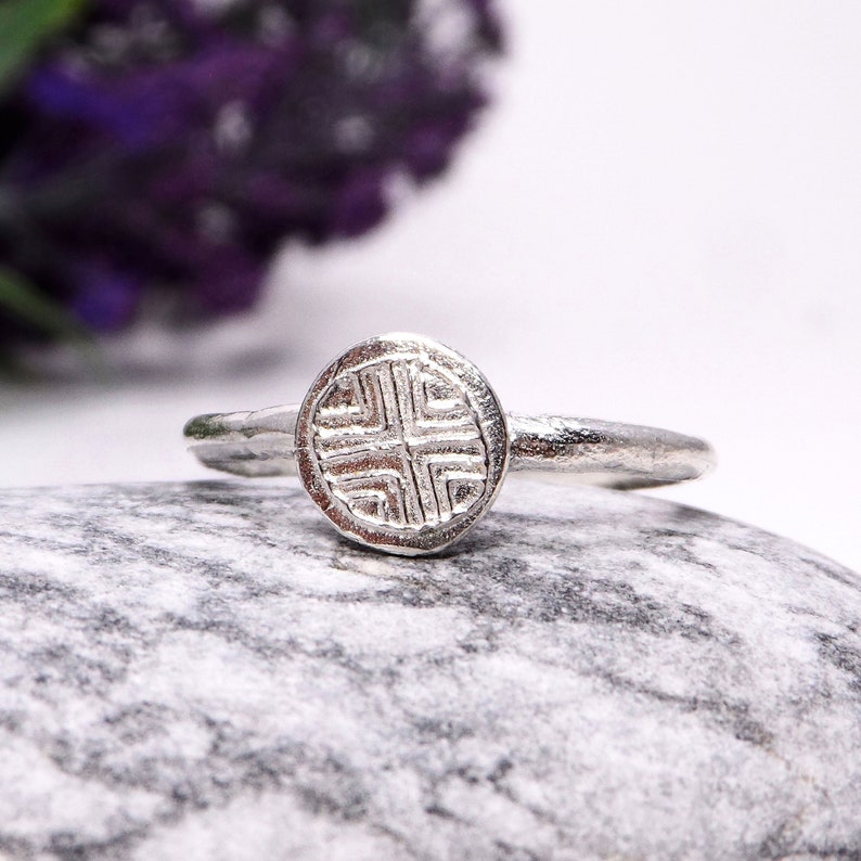 Dainty silver disc ring Tiny geometric cross ring Dainty boho stacking ring Tiny silver ring for women Minimalist ring Sterling silver ring image 3
