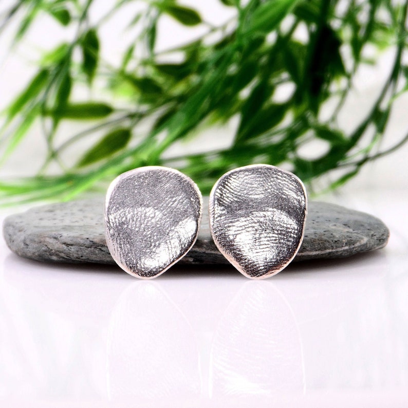 Organic minimalist silver earrings Oval silver fingerprint studs Irregular silver earrings Asymmetric silver drop studs Sterling silver image 2