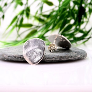 Organic minimalist silver earrings Oval silver fingerprint studs Irregular silver earrings Asymmetric silver drop studs Sterling silver image 3