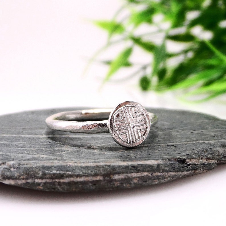 Dainty silver disc ring Tiny geometric cross ring Dainty boho stacking ring Tiny silver ring for women Minimalist ring Sterling silver ring image 2
