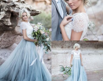 light blue boho wedding dress