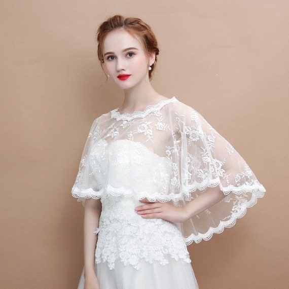 Charleen White Ivory Wedding Lace Wrap Shawl Bridal Applique Cape