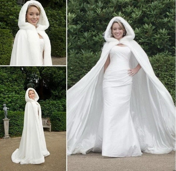 HOT Bridal Winter Wedding Cloak Cape Hooded with Fur fur Trim Floor Long Bridal 