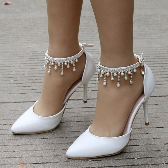 Chic / Beautiful Sky Blue Evening Party Womens Shoes 2023 Pearl Rhinestone  Tassel Ankle Strap 5 cm Stiletto Heels Pointed Toe Womens Shoes High Heels