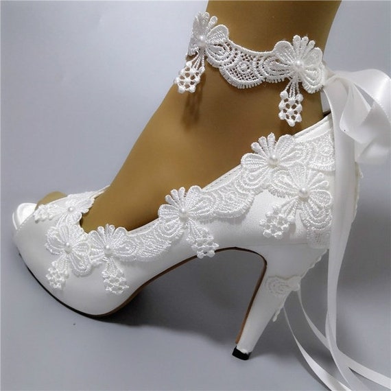 Women heel white ivory lace crystal pearls Wedding shoes pumps bride size 5-10.5 