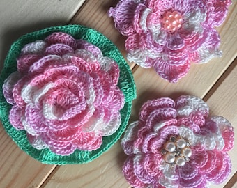 Crochet kit for inspiration decoration 6 crochet ivory-beige different flowers for scrapbooking applique and creativity