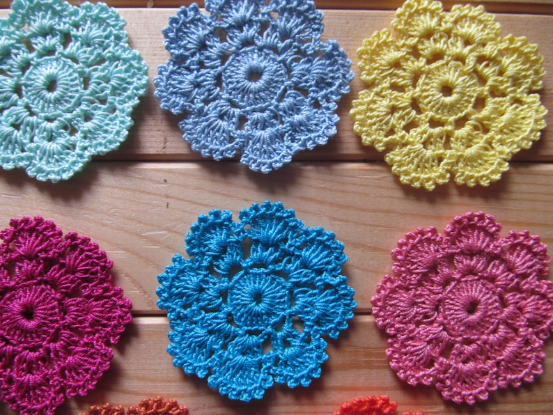 Crochet kit for inspiration 14 different colors 6 crochet doilies for scrapbooking decorations and appliques