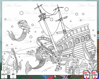Sunken Ship Coloring Etsy