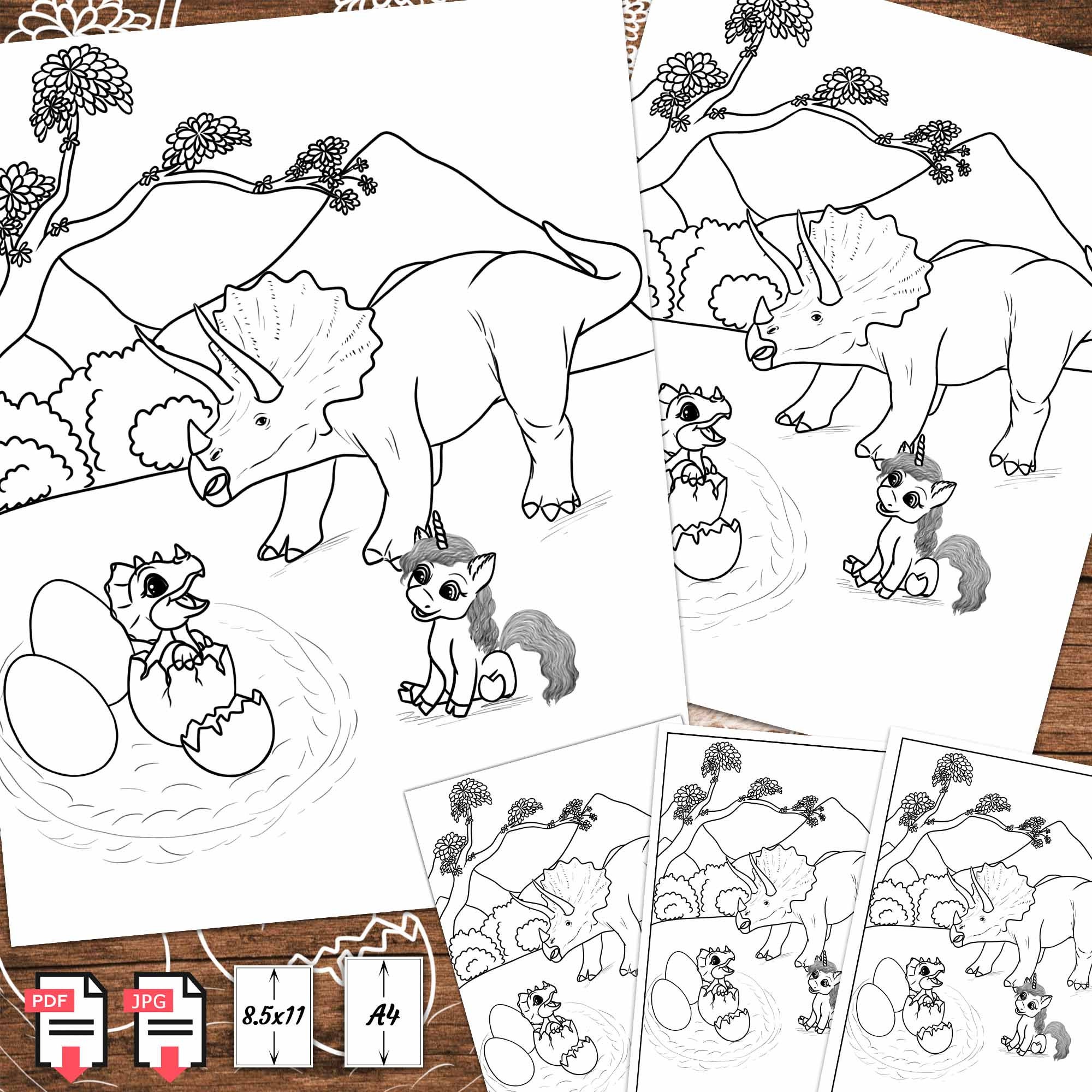 Baby Dinosaur and Unicorn Coloring Page | Etsy