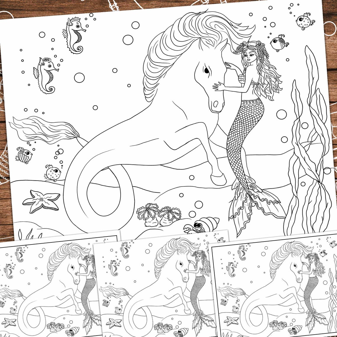PDF Coloring Page Mermaid and Sea Horse Etsy