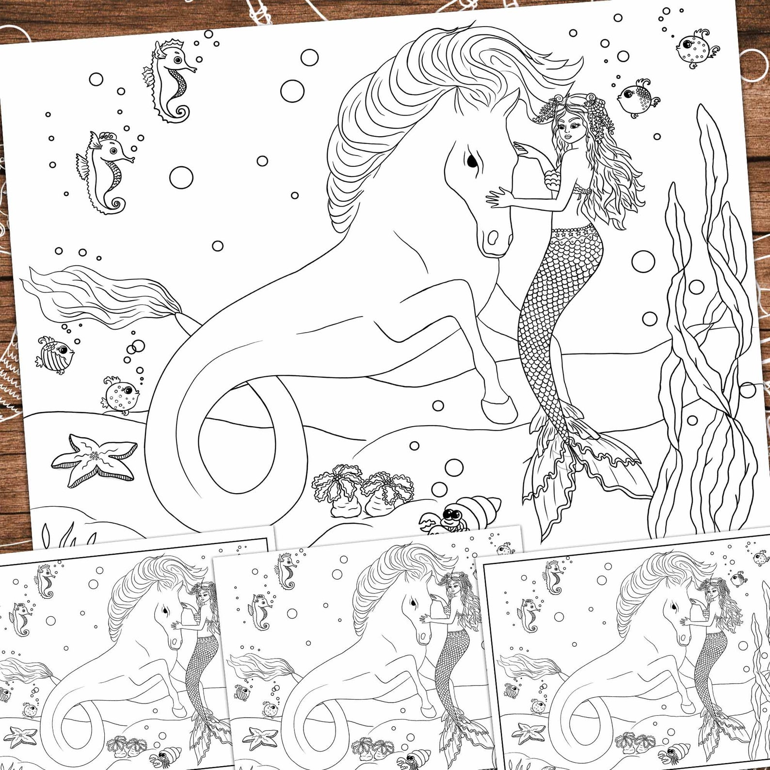 PDF Coloring Page Mermaid and Sea Horse | Etsy
