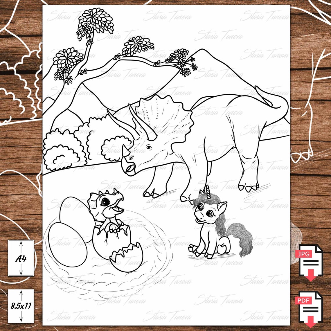Baby Dinosaur and Unicorn Coloring Page | Etsy