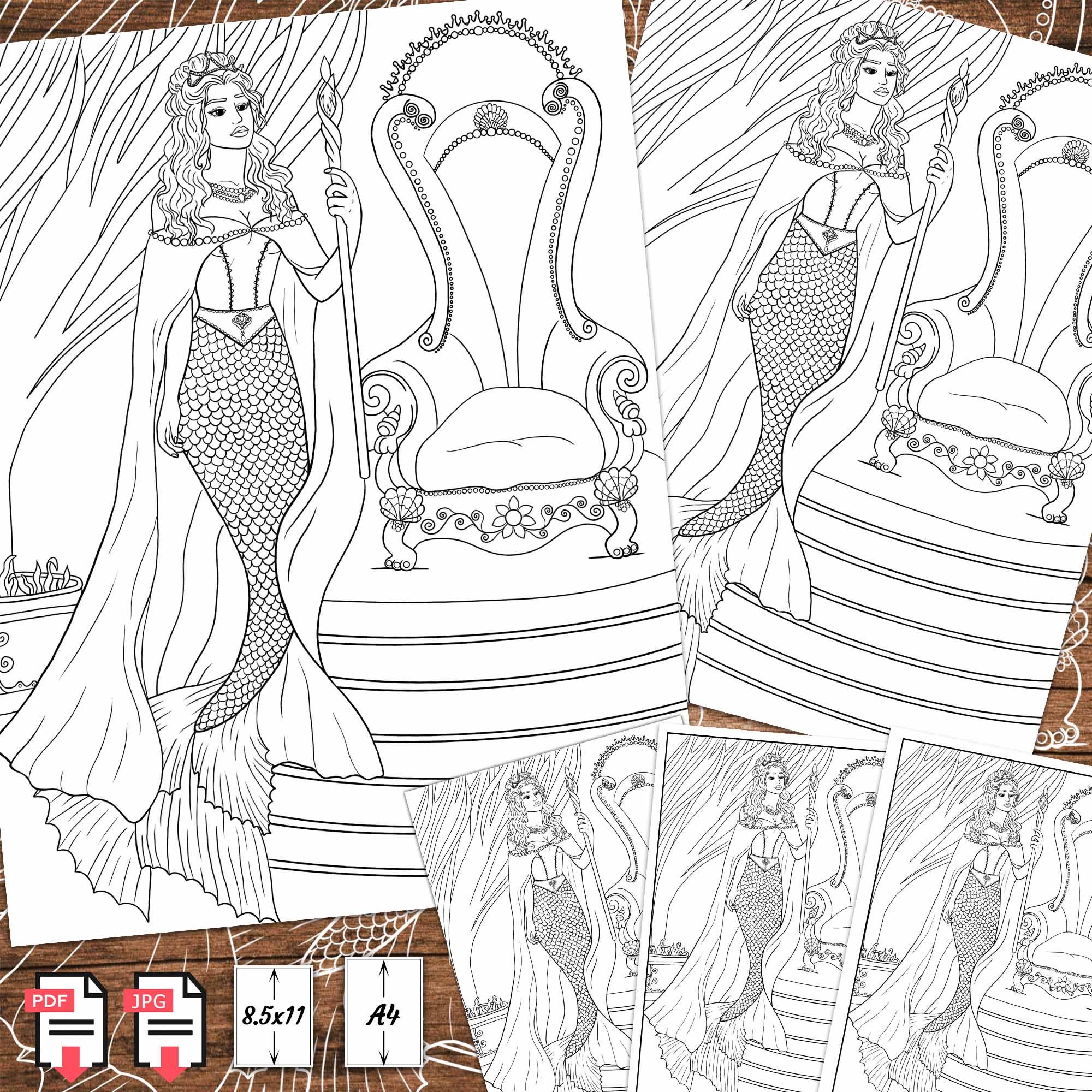 Coloring Page Beautiful Mermaid Queen | Etsy