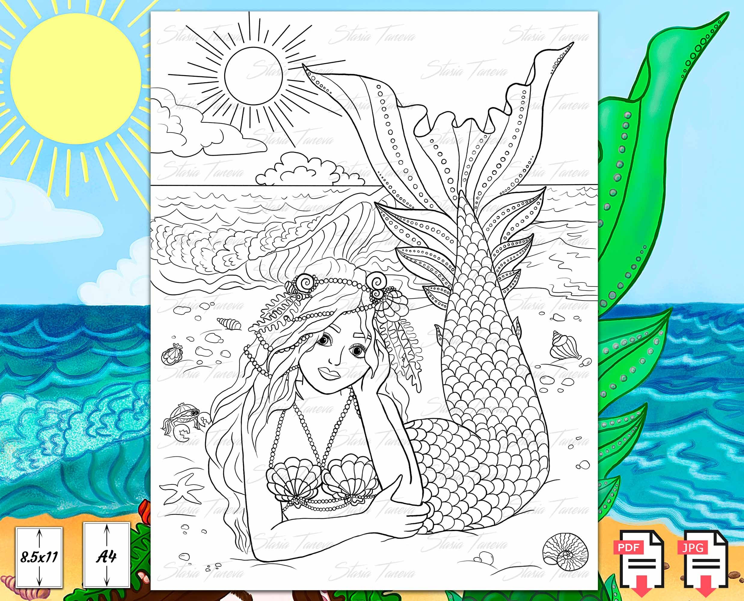 Coloring Page Cute Mermaid on the Beach | Etsy