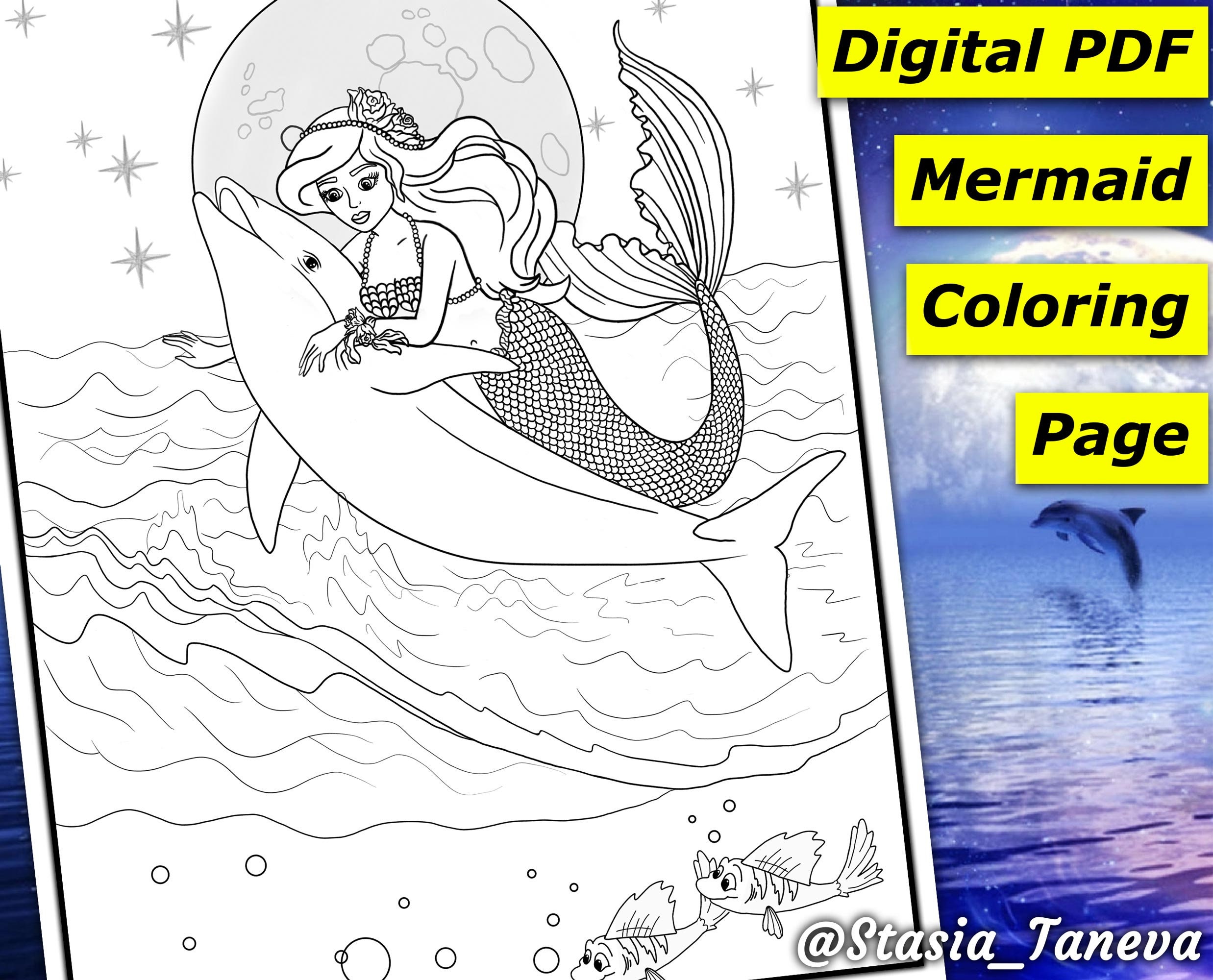 Coloring page with mermaid and dolphins Fantasy colouring Etsy