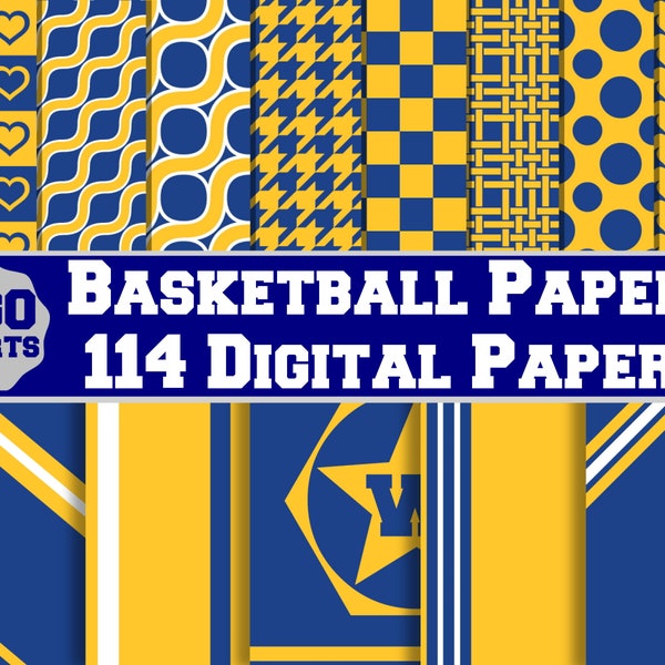 Blue and Golden Yellow 114 Printable Digital Paper Pack, Sports Fans, Basketball Fans, Commercial Use, Instant Download