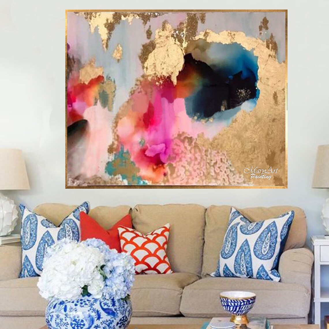 Modern Art Abstract Pinkgold Acrylic Painting Original Hand Etsy