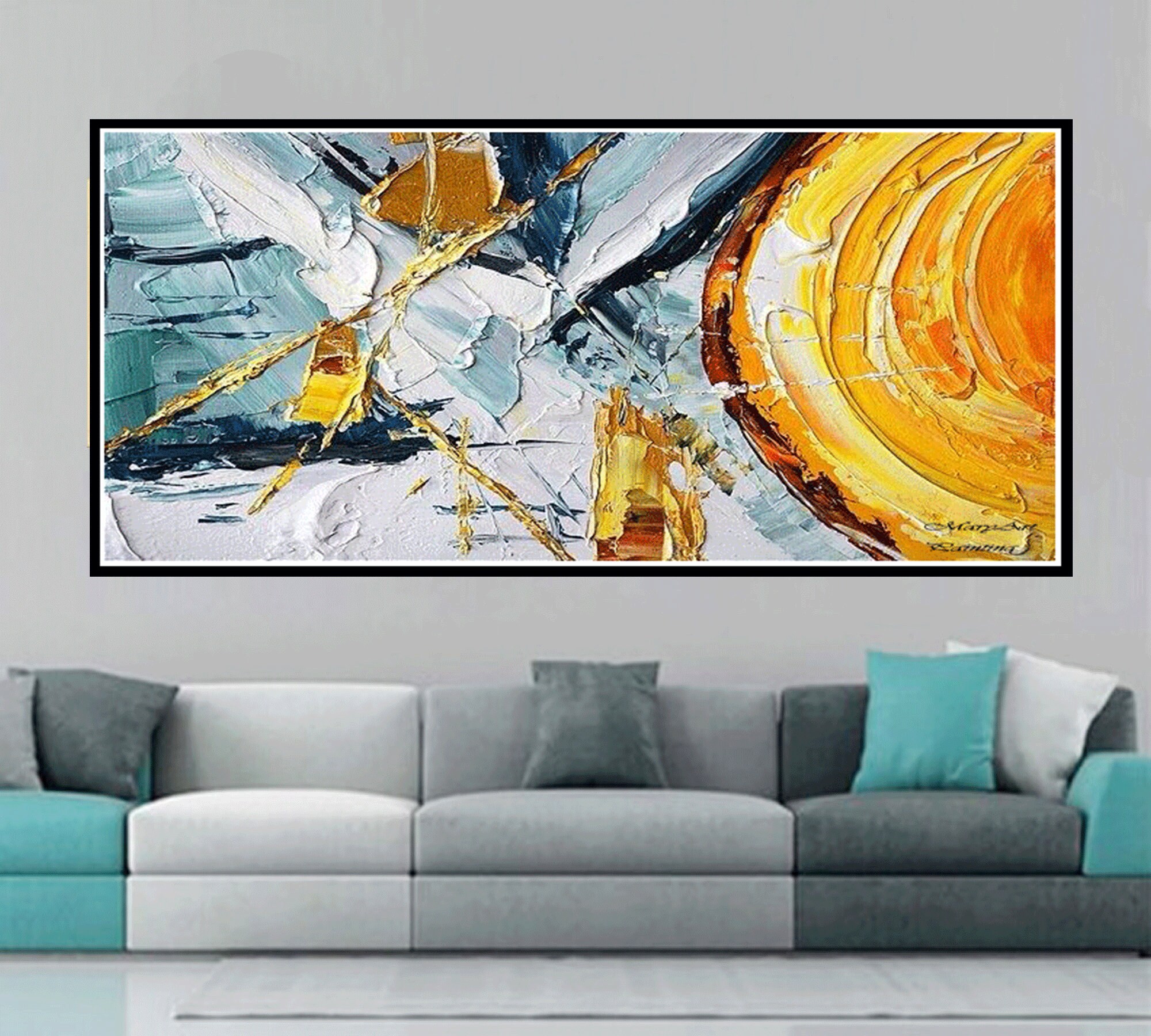 YELLOW BIG ORIGINAL THICK TEXTURE ABSTRACT ACRYLIC PAINTING ON WRAPPED  CANVAS