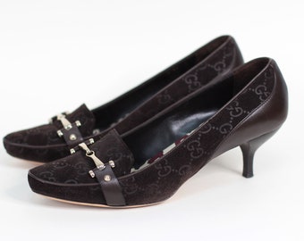 Gucci low heels brown suede pumps with buckle 37.5C
