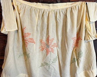 Vintage Handmade Apron Yellow Cross Stitch Orange Flowers