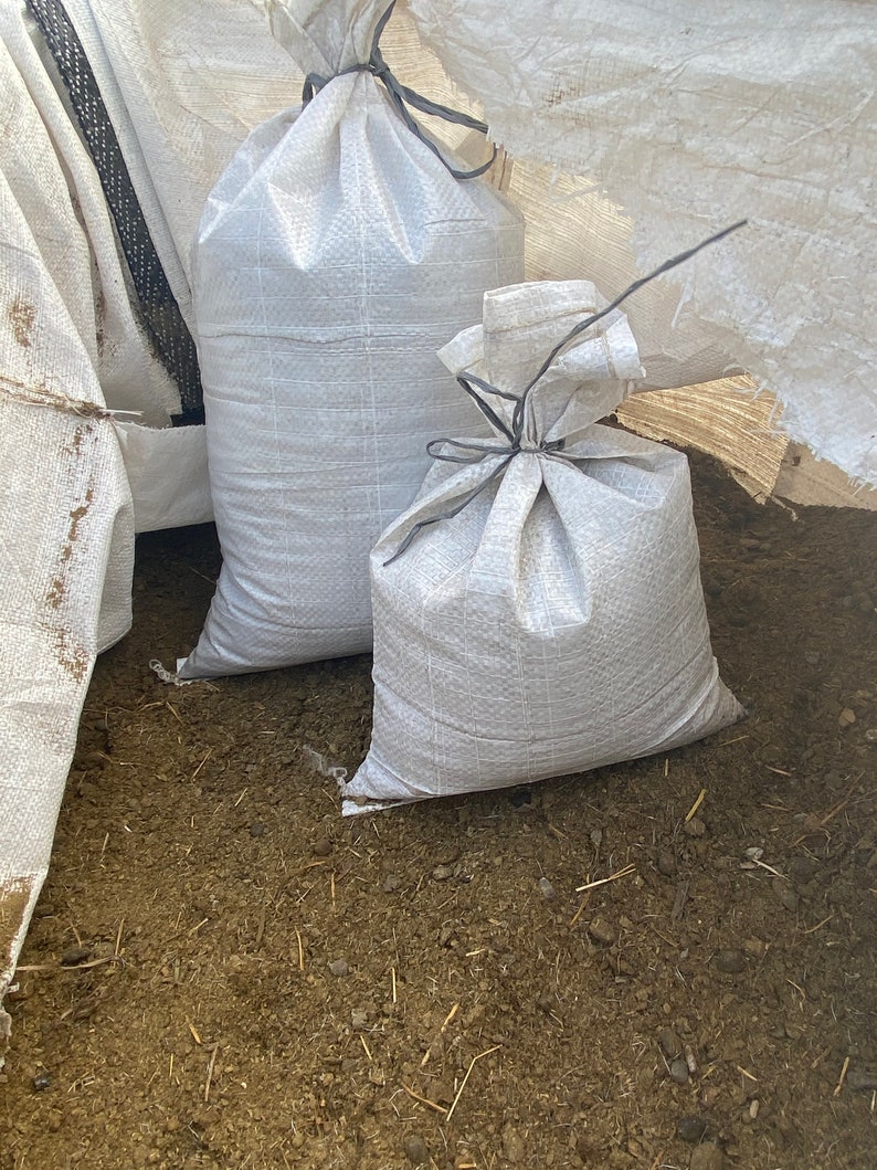 May include: Two white burlap bags with black drawstrings are sitting on a pile of brown dirt. The bags are empty and appear to be used for storage.