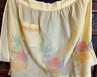 Vintage Handmade Apron Yellow Cross Stitch Fruit Basket