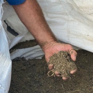 May include: A person's hand holding a handful of dark brown soil with some straw mixed in.