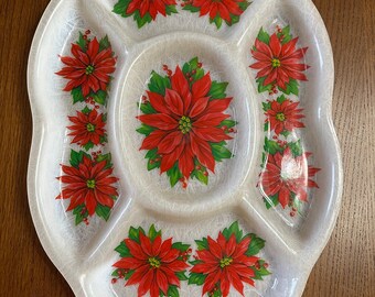 Vintage Christmas Tray Poinsettia Fiberglass Serving Tray Party