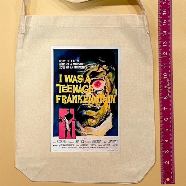 I Was a Teeneage Frankenstein vintage movie 100% cotton canvas 13” W x 16” H x 2 3/4 D sling tote, reusable shopping bag