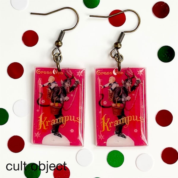 vintage Krampus Christmas card dangle drop earrings - Santa Claus - creepy - folklore - holiday