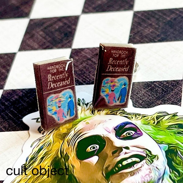 Beetlejuice Betelgeuse Handbook for the Recently Deceased stud and clip on earrings - Halloween - miniature - cult classic
