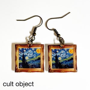 Starry Night miniature framed classic art dangle drop earrings - Vincent Van Gogh