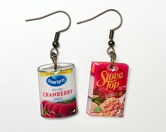 boxed stuffing and canned cranberry sauce Thanksgiving Christmas dinner dangle drop earrings holiday jewelry