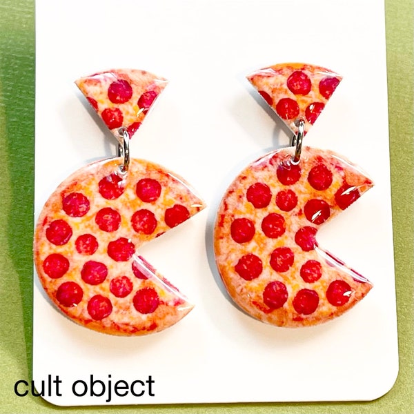 lightweight pizza dangle drop earrings - miniature food - pepperoni pizza pie - junk food - slice - cheesy