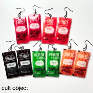 fast food hot sauce packet dangle earrings - mild sauce - hot sauce - fire sauce - taco - junk food