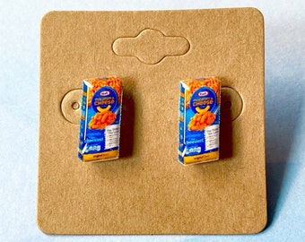 Mac n Cheese stud or clip on earrings - miniature food - macaroni and cheese - blue box - nostalgic - junk food - quirky