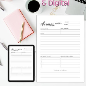 May include: Printable sermon notes template in black and white. The template includes sections for the sermon title, date, speaker, bible verse, notes, key lesson points, thoughts and reflections, and personal application.