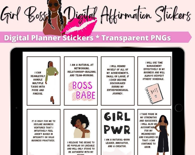 Affirmation stickers, Black Girl Boss Digital Planner Stickers, Goodnotes Stickers, Boss Babe png, Lady Boss, Boss Mom, boss babe clip art