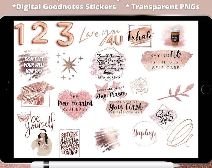 Rose Gold Stickers, Rose Metallic Digital Stickers, Self Care Stickers, Digital Self Care planner stickers, Goodnotes Stickers