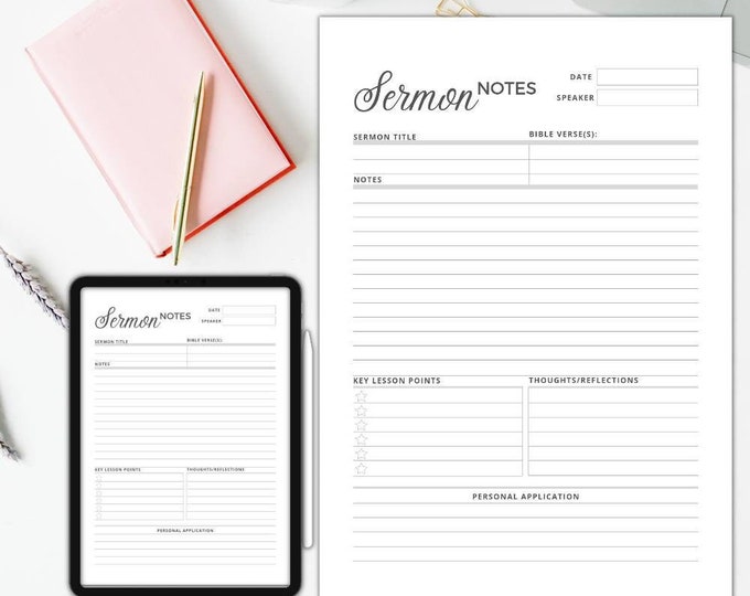 Sermon Notes printable, sermon notes digital, A5 inserts, bible journaling, Christian journal, printable Christian planner, Sermon outline