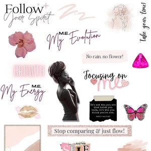 May include: A digital collage with a pink and white color scheme featuring inspirational quotes and images. The quotes include "Follow Your Spirit", "My Evolution", "No rain, no flower!", "Focusing on me", "It's not who you are that holds you back, it's who you think you're not. - Denis Waitley", "Stop comparing & just flow!" and "find hap SELF ...s really ocus on the neon". The images include a pink flower, a woman with her head tilted down, a pink butterfly, a pink heart, and a pink and white abstract design.