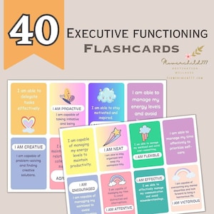 Op de afbeelding:  Veertig kleurrijke flashcards met illustraties en tekst. Elke kaart bevat een positieve bevestiging die betrekking heeft op executieve functievermogen. De bevestigingen omvatten zinnen als "Ik kan taken effectief delegeren", "Ik ben proactief", "Ik ben creatief", "Ik ben in staat om mijn energieniveaus te beheren", "Ik ben netjes", "Ik ben flexibel", "Ik ben aangemoedigd", "Ik ben aandachtig", "Ik ben effectief" en "Ik ben overwinnaar".