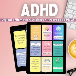 May include: A digital screen displaying nine colorful affirmation stickers with positive messages for managing ADHD. The stickers feature illustrations of rainbows, stars, butterflies, and clouds. The text on the stickers includes phrases like "I am capable of managing my stress levels", "I am productive", "I am proactive", "I am motivated", "I am timely", "I am optimistic", "I am confident", and "I am resilient".