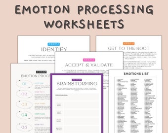 May include: Five printable worksheets for processing emotions. The worksheets are colorfully designed with purple, pink, and teal accents. The worksheets include steps for identifying, accepting, validating, and getting to the root of emotions. One worksheet includes a list of emotions.