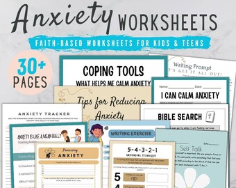 May include: A set of printable worksheets for kids and teens to help them cope with anxiety. The worksheets feature a variety of activities, including coping tools, writing prompts, bible searches, and self-talk exercises. The worksheets are faith-based and designed to help children and teens manage their anxiety in a healthy way.
